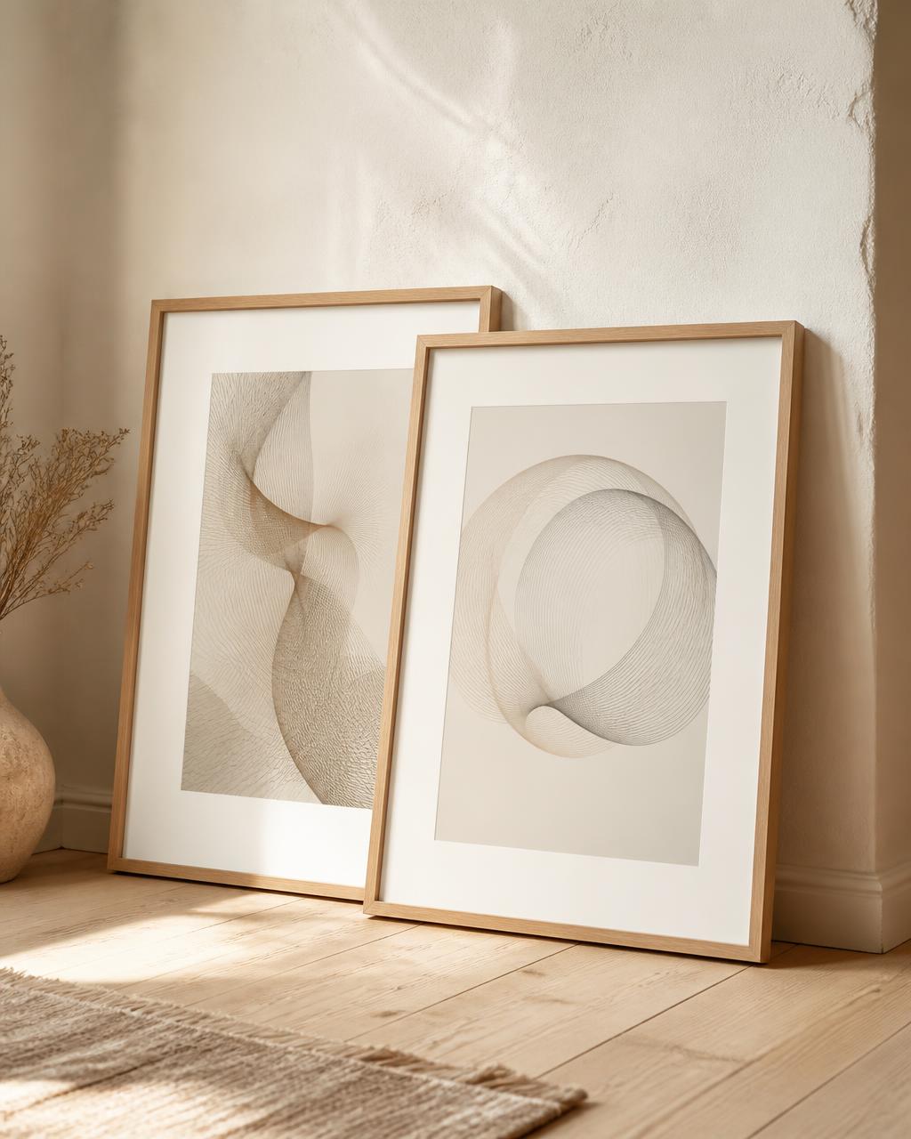 Two light-oak framed generative art prints leaning together against a warm off-white wall