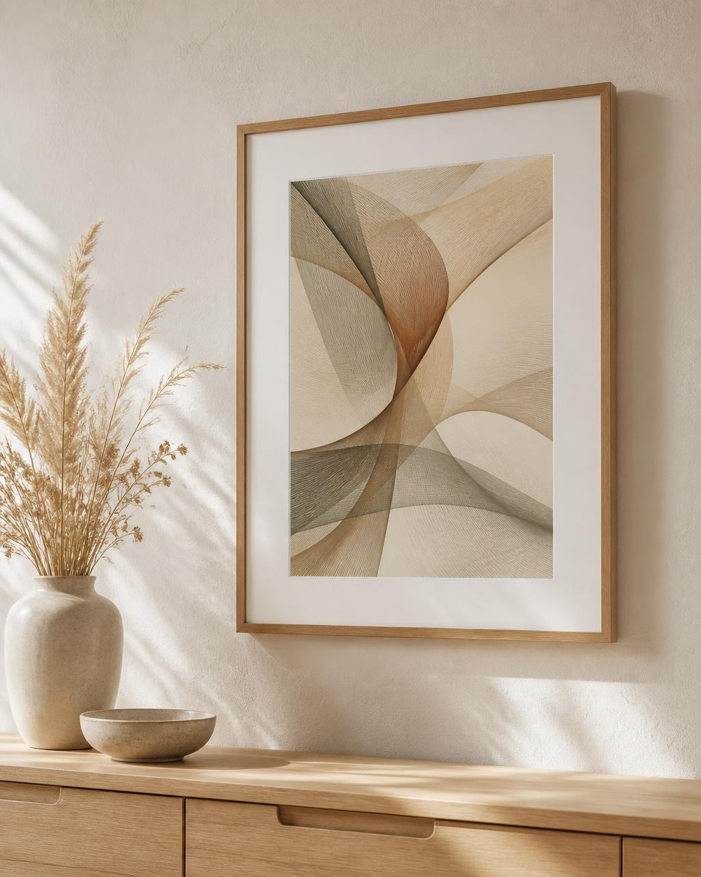 A light-oak framed generative art print hanging above a pale wooden sideboard in soft daylight