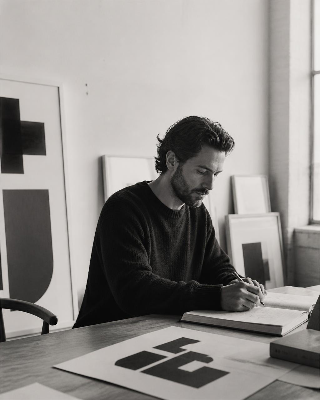 The withdata.art studio, with framed prints and working drawings